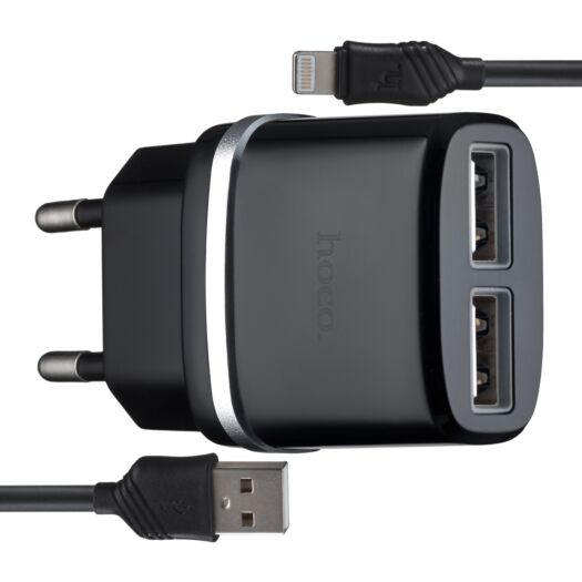 МЗП Hoco C12 Smart dual USB charger set with Lightning cable ( EU ) 2USB 2.4A Black 01365