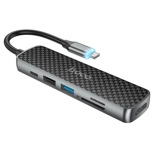 USB-хаб Hoco HB24 Easy display Type-C multifunction adapter(HDMI+USB3.0+USB2.0+SD+TF+PD) Metal Gray 14144