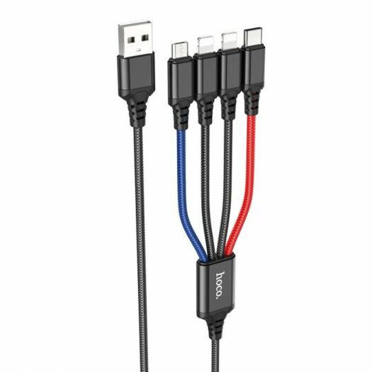 Кабель Hoco X76 4-in-1 Super charging cable ( iP + iP + Type-C + Microsoft ) Black 15714