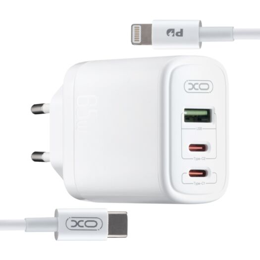 Сетевое зарядное устройство XO CE04 (EU) 65W  Fast Charger (TYPE-C PD65W / USB-A QC45W) CE with Lightning (NB113) cable White 16693
