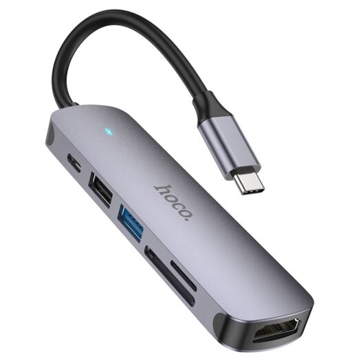 USB-хаб Hoco HB28 Type-C multi-function converter(HDTV+USB3.0+USB2.0+SD+TF+PD) Metal Gray 17252