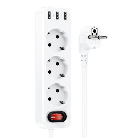 Сетевой фильтр Hoco NS2 3-position extension cord socket(including 3*USB output) (EU/GER) White 17261