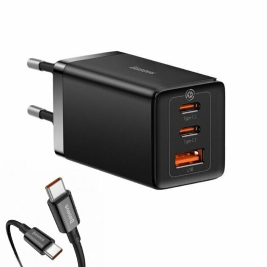 СЗУ Baseus GaN5 Pro Fast Charger 2C+U 65W  EU  Black with fast charging Cable Type-C  to Type-C 100W 18258