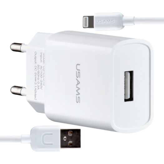 СЗУ USAMS T21 Charger kit- T18 single USB EU charger + Lightning cable White 19139