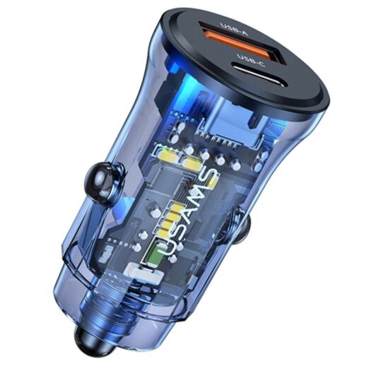 АЗП USAMS CC164 C32 30W Transparent USB + Type-C Mini Car Charger Transparent Blue 19152